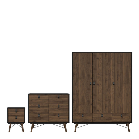 Cote | Furniture Ry 3 Piece Bedroom Set - Bedside Table, Chest and 3 Door 3 Drawers Wardrobe - Black Walnut Ry, BUNDLE 721gmdjp1