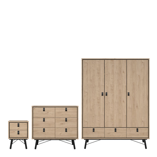 Cote | Furniture Ry 3 Piece Bedroom Set - Bedside Table, Chest and 3 Door 3 Drawers Wardrobe - Oak Ry, BUNDLE 721hlhlp1