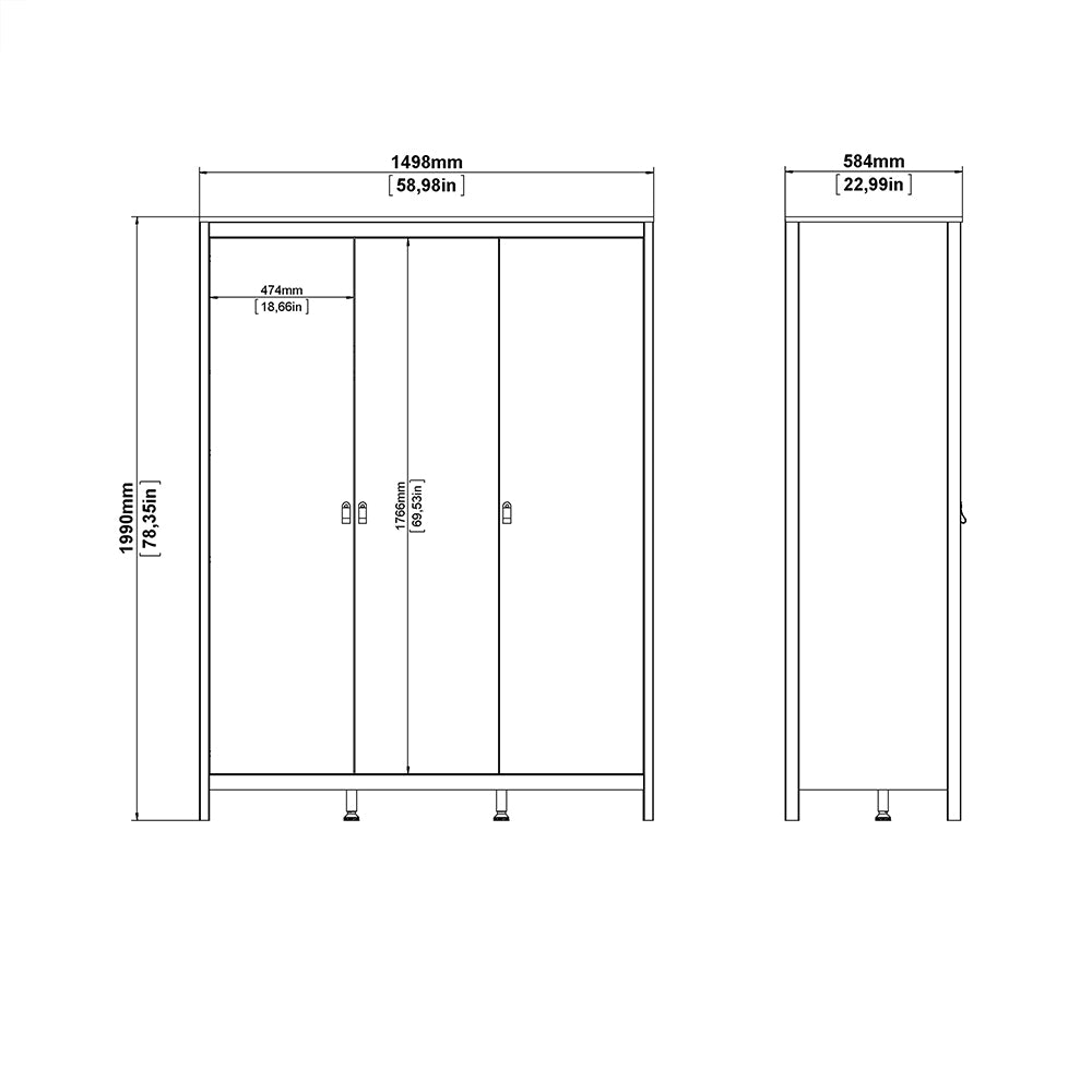 Cote | Furniture Barcelona 3 Piece Bedroom Set - Bedside Table, Chest and 3 Door Wardrobe - White Barcelona, BUNDLE 7254949p2