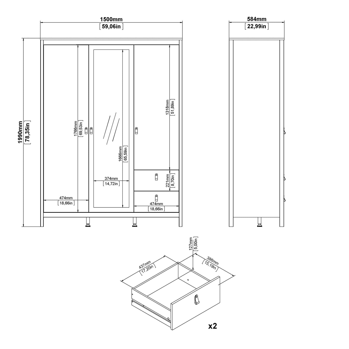 Cote | Furniture Barcelona Wardrobe 2 Doors, 1 Mirror Door + 2 Drawer - White Barcelona, Wardrobes 725796594949