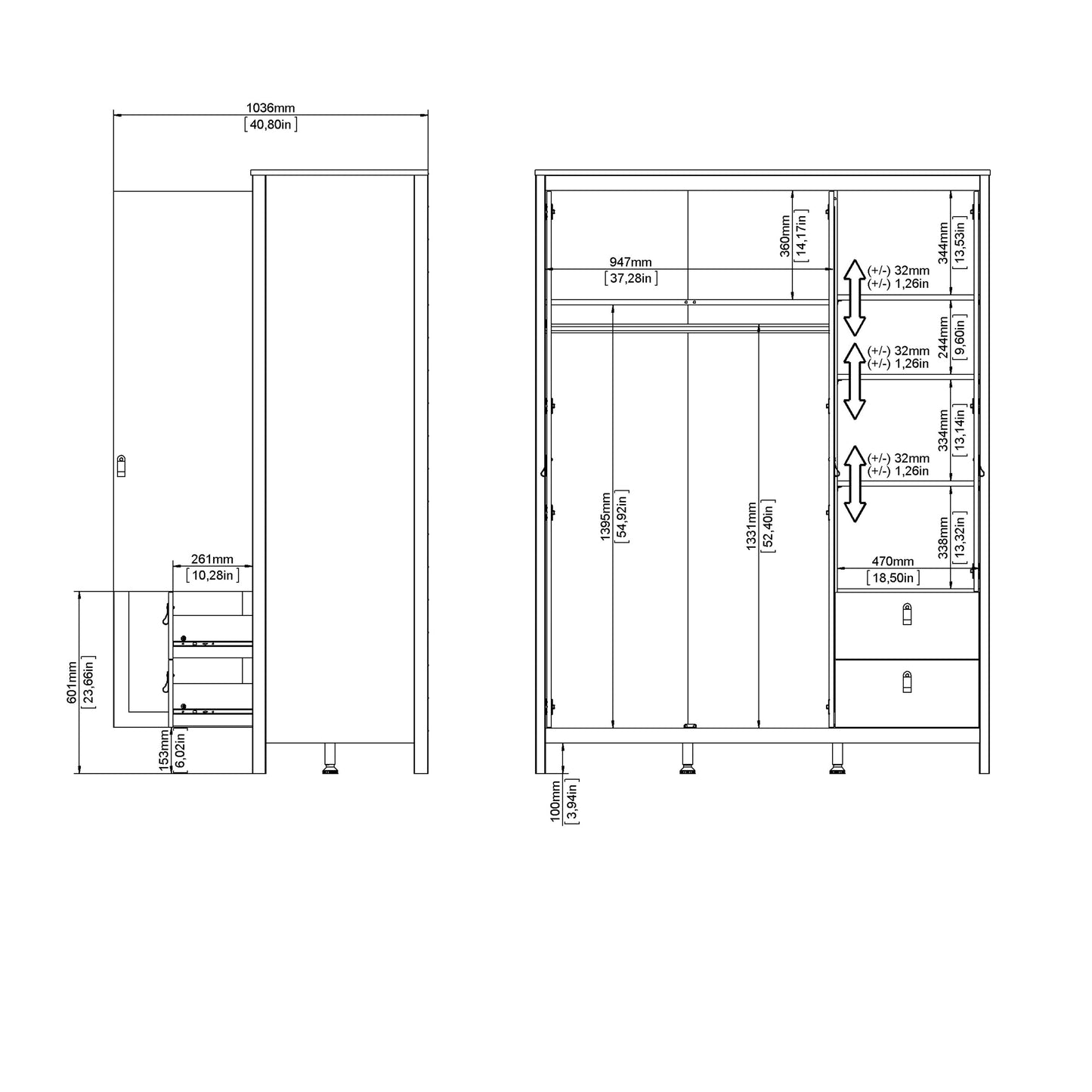 Cote | Furniture Barcelona Wardrobe 2 Doors, 1 Mirror Door + 2 Drawers - Black Barcelona, Wardrobes 72579659gmgm