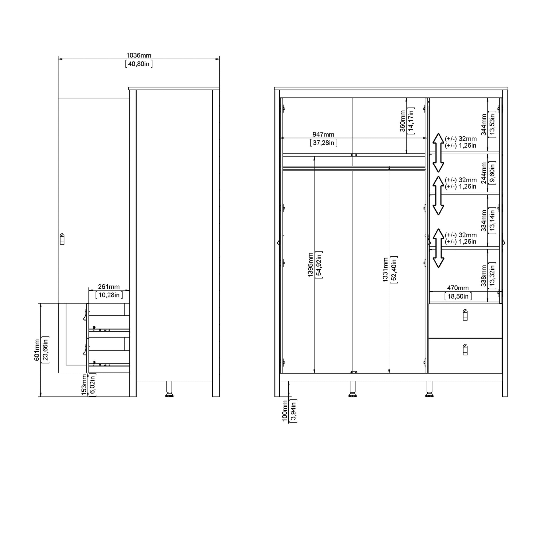 Cote | Furniture Barcelona Wardrobe 2 Doors, 1 Mirror Door + 2 Drawers - Black Barcelona, Wardrobes 72579659gmgm