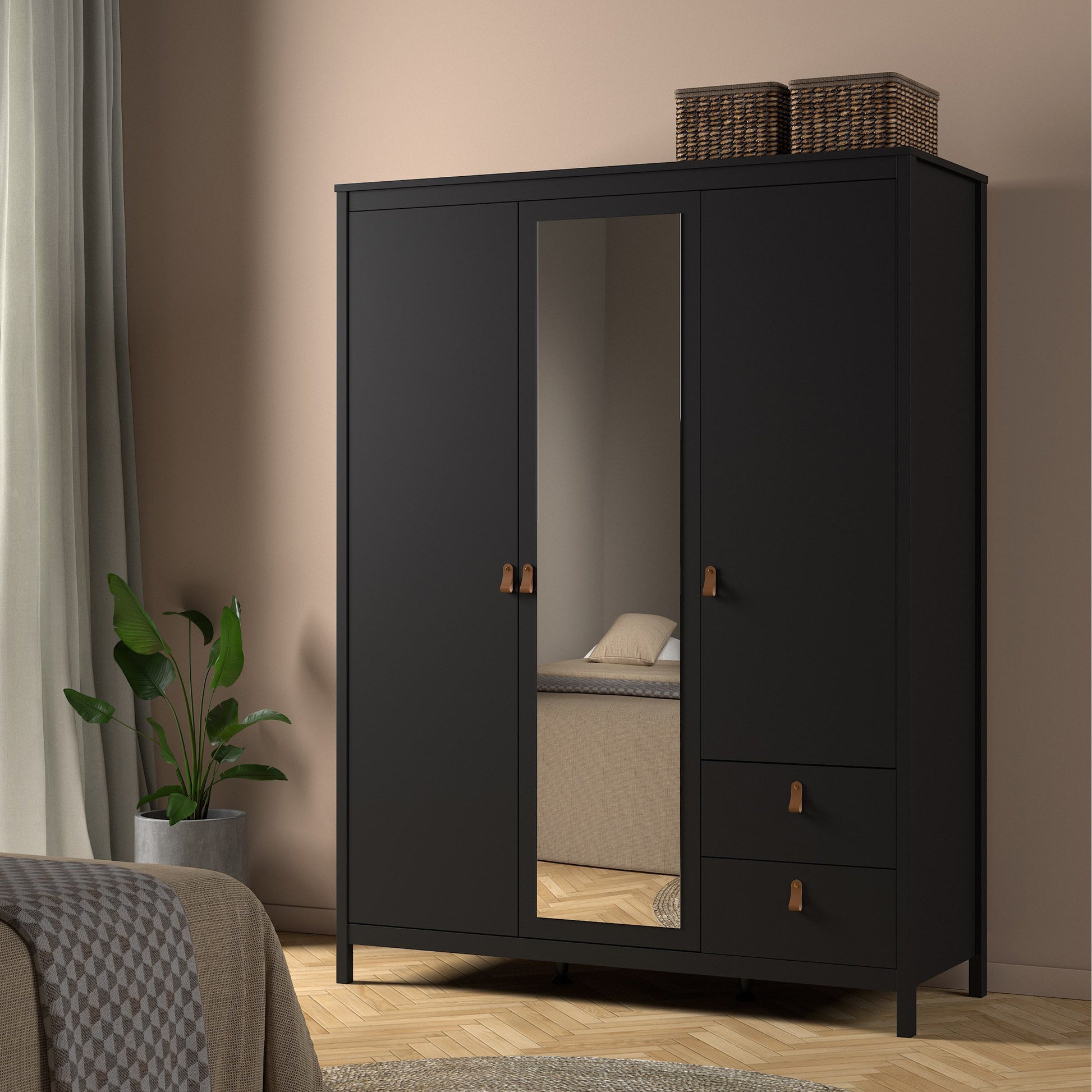 Cote | Furniture Barcelona Wardrobe 2 Doors, 1 Mirror Door + 2 Drawers - Black Barcelona, Wardrobes 72579659gmgm