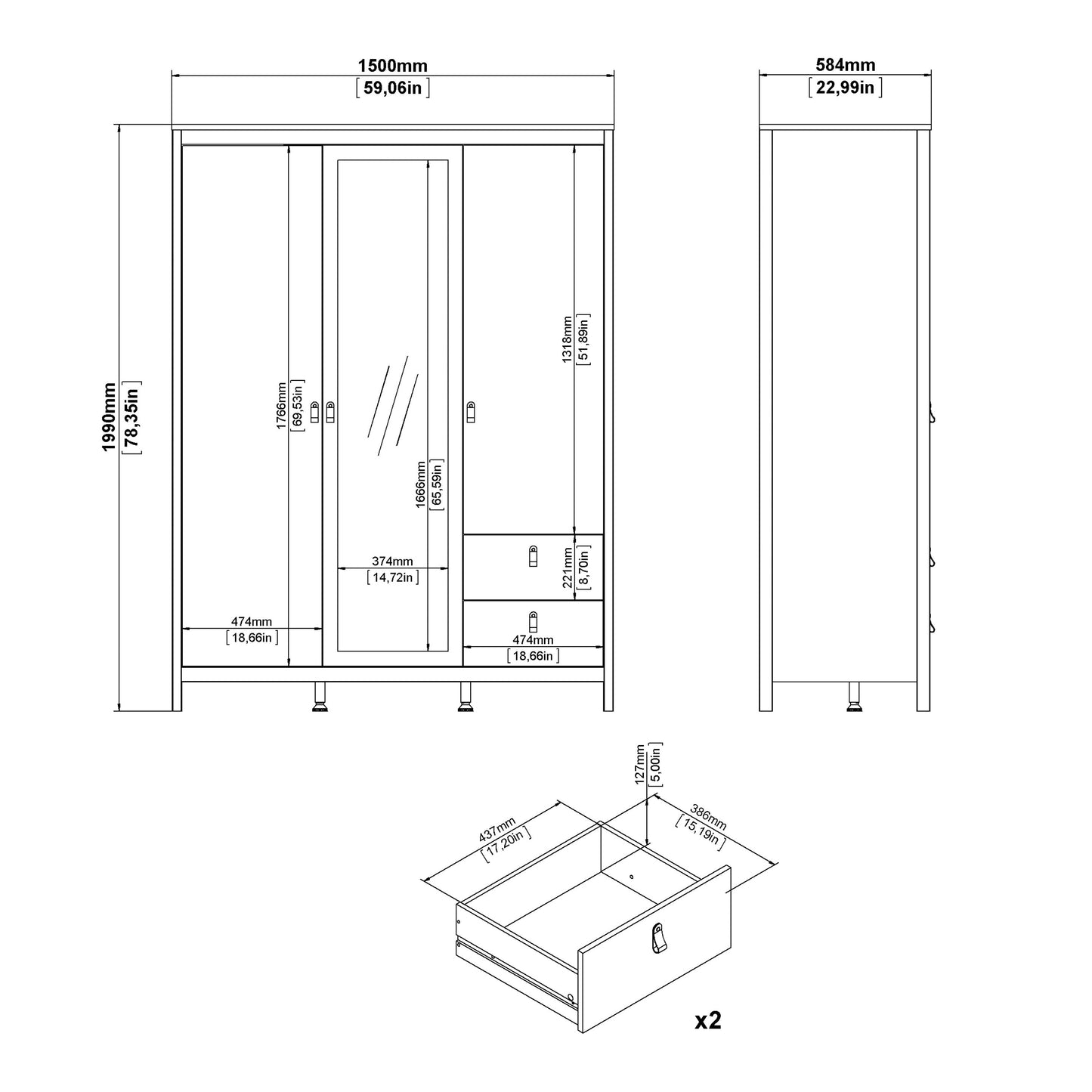 Cote | Furniture Barcelona Wardrobe 2 Doors, 1 Mirror Door + 2 Drawers - Black Barcelona, Wardrobes 72579659gmgm