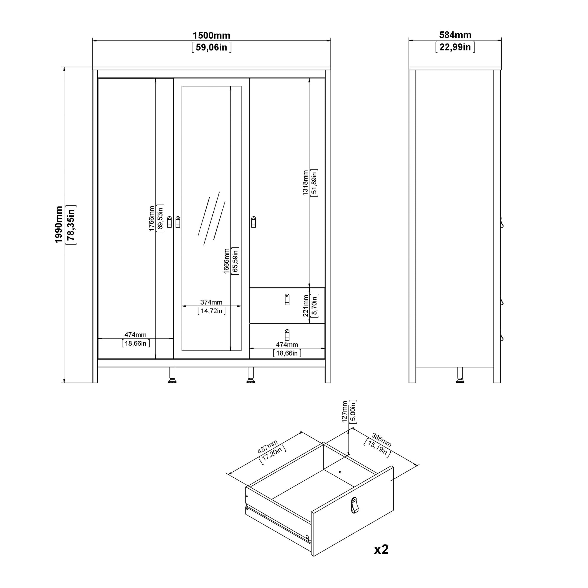 Cote | Furniture Barcelona Wardrobe 2 Doors, 1 Mirror Door + 2 Drawers - Black Barcelona, Wardrobes 72579659gmgm