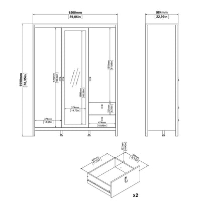 Cote | Furniture Barcelona Wardrobe 2 Doors, 1 Mirror Door + 2 Drawers - Black Barcelona, Wardrobes 72579659gmgm