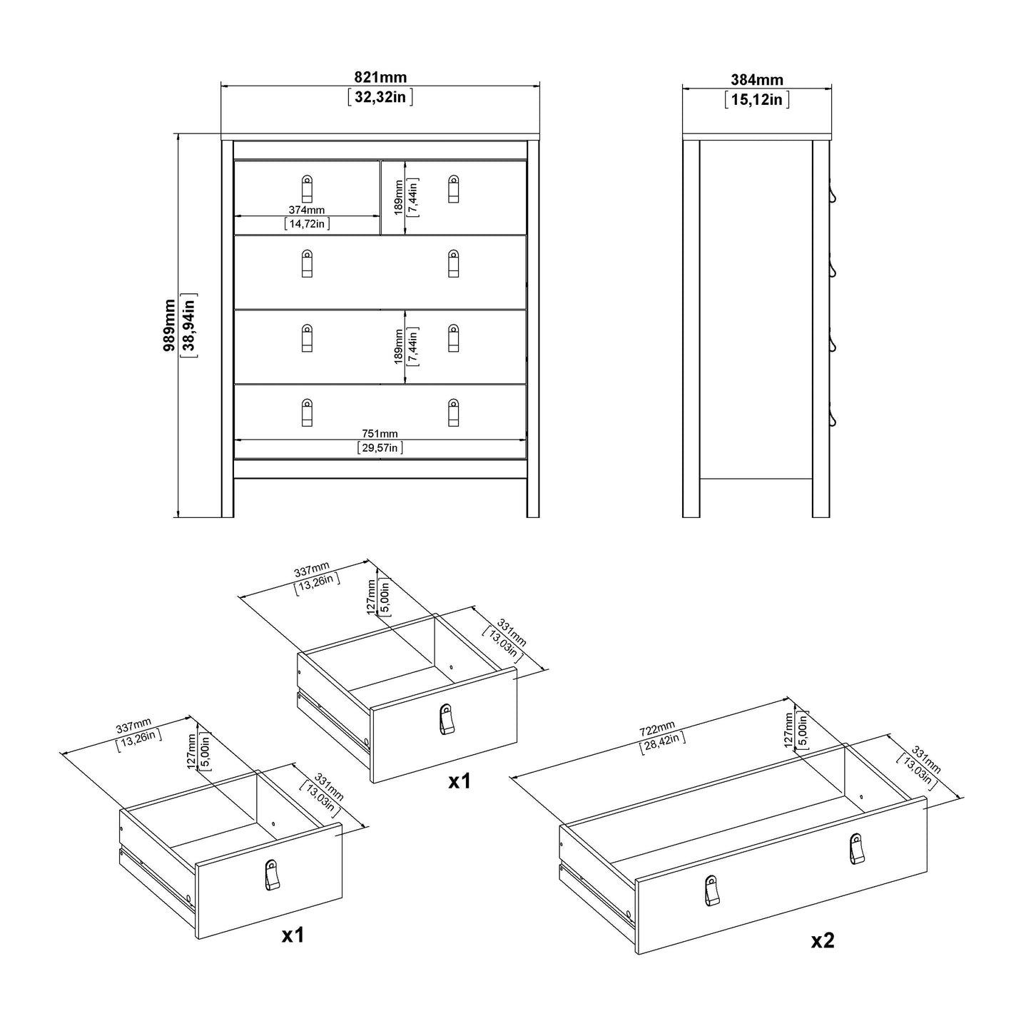 Cote | Furniture Barcelona Chest of Drawers,  3+2 Drawer - White Barcelona, Chest of Drawers 725796614949