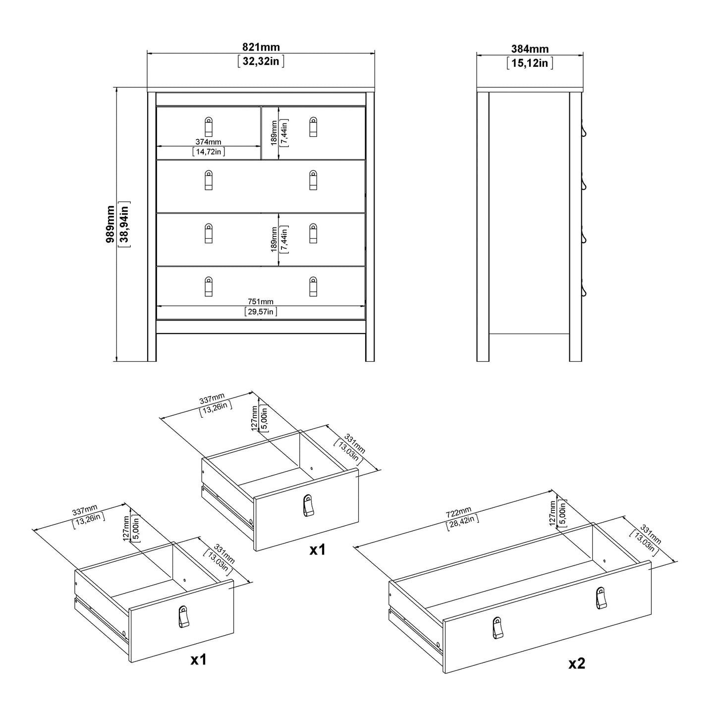 Cote | Furniture Barcelona Chest of Drawers,  3+2 Drawer - Black Barcelona, Chest of Drawers 72579661gmgm