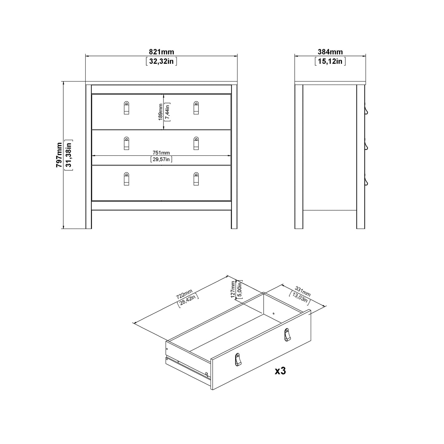 Cote | Furniture Barcelona Chest of Drawers, 3 Drawer - White Barcelona, Chest of Drawers 725796624949