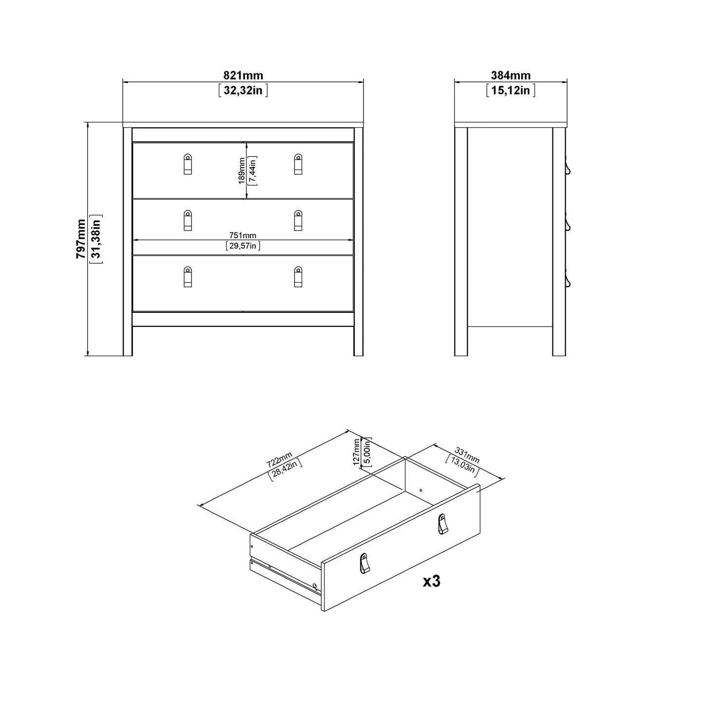 Cote | Furniture Barcelona Chest of Drawers, 3 Drawer - Oak Barcelona, Chest of Drawers 72579662hlhl