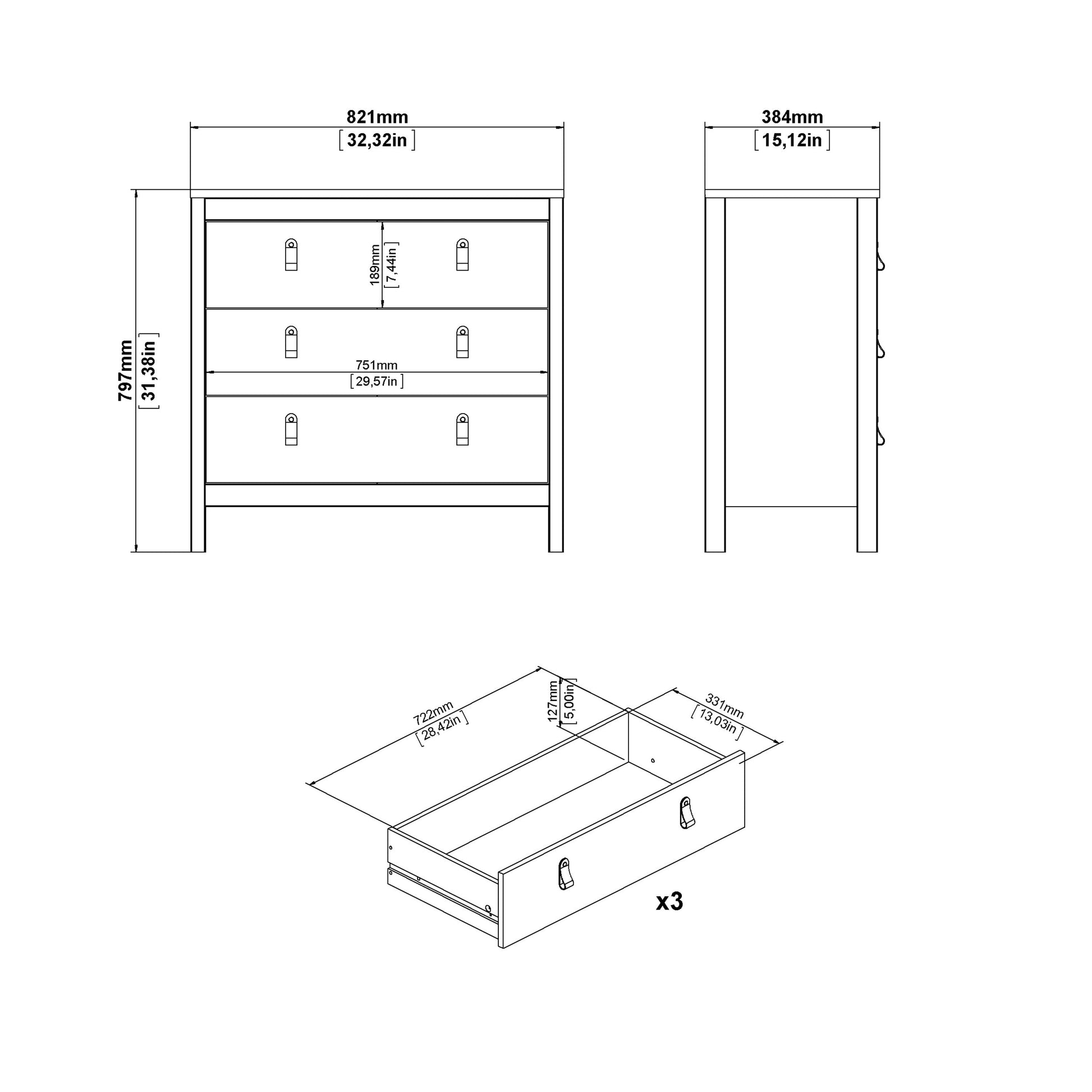 Cote | Furniture Barcelona Chest of Drawers, 3 Drawer - Oak Barcelona, Chest of Drawers 72579662hlhl