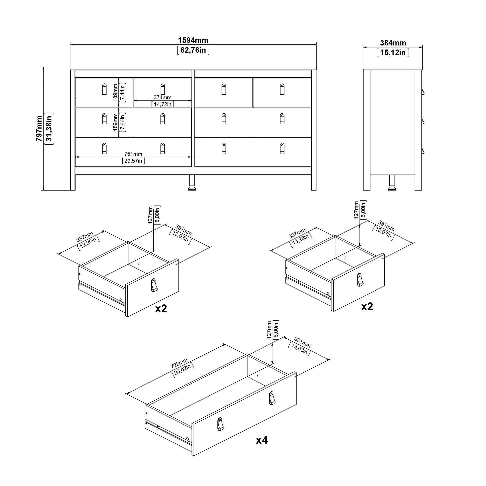 Cote | Furniture Barcelona Double Dresser, Chest of Drawers, 4+4 Drawer - White Barcelona, Chest of Drawers 725796634949