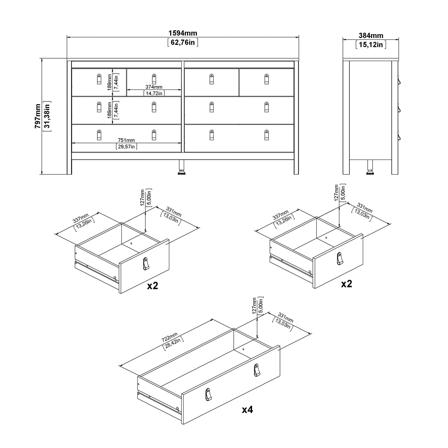 Cote | Furniture Barcelona Double Dresser, Chest of Drawers, 4+4 Drawer - Oak Barcelona, Chest of Drawers 72579663hlhl