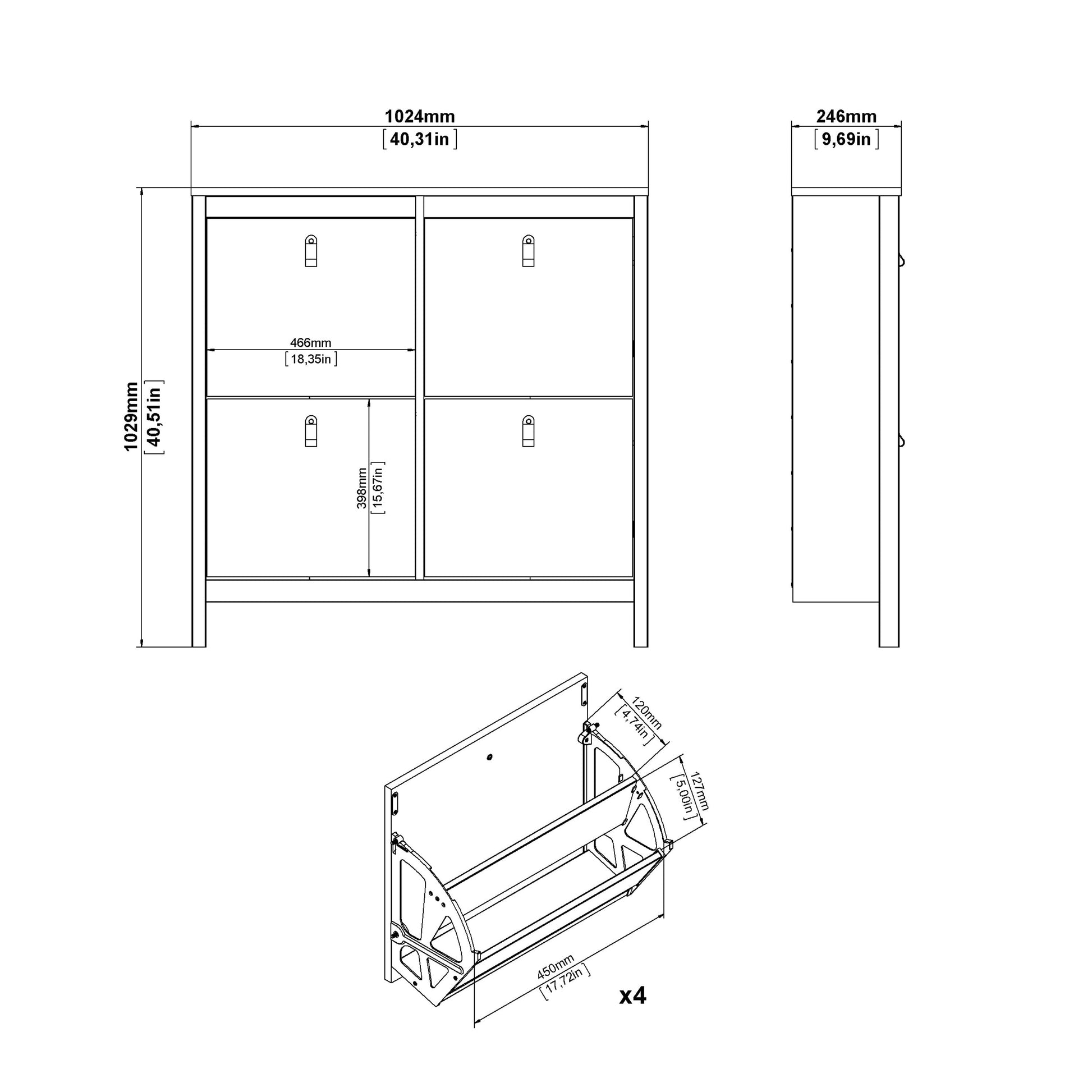 Cote | Furniture Barcelona Shoe Cabinet, 4 Compartment - White Barcelona, Shoe Storage 725796654949