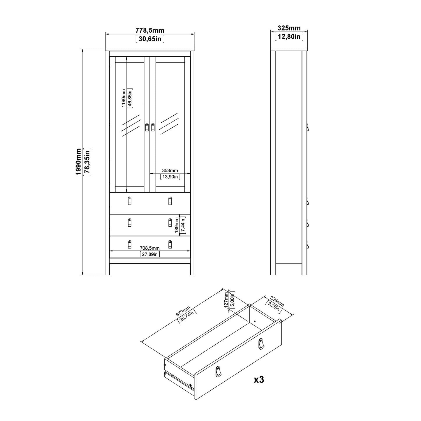 Cote | Furniture Barcelona Display Cabinet, 3 Drawer - Black Barcelona, Display Cabinets 72579666gmgm