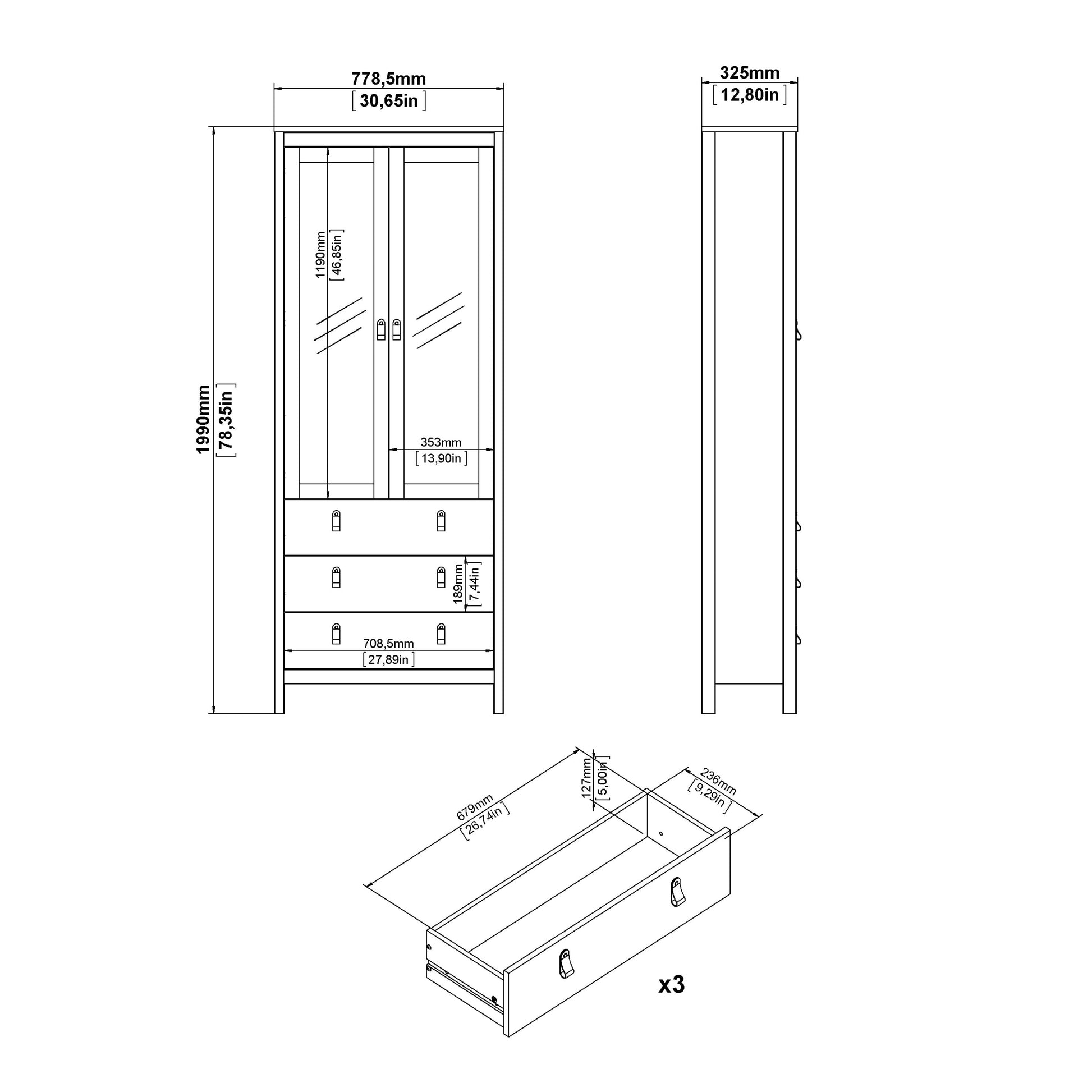 Cote | Furniture Barcelona Display Cabinet, 3 Drawer - Black Barcelona, Display Cabinets 72579666gmgm