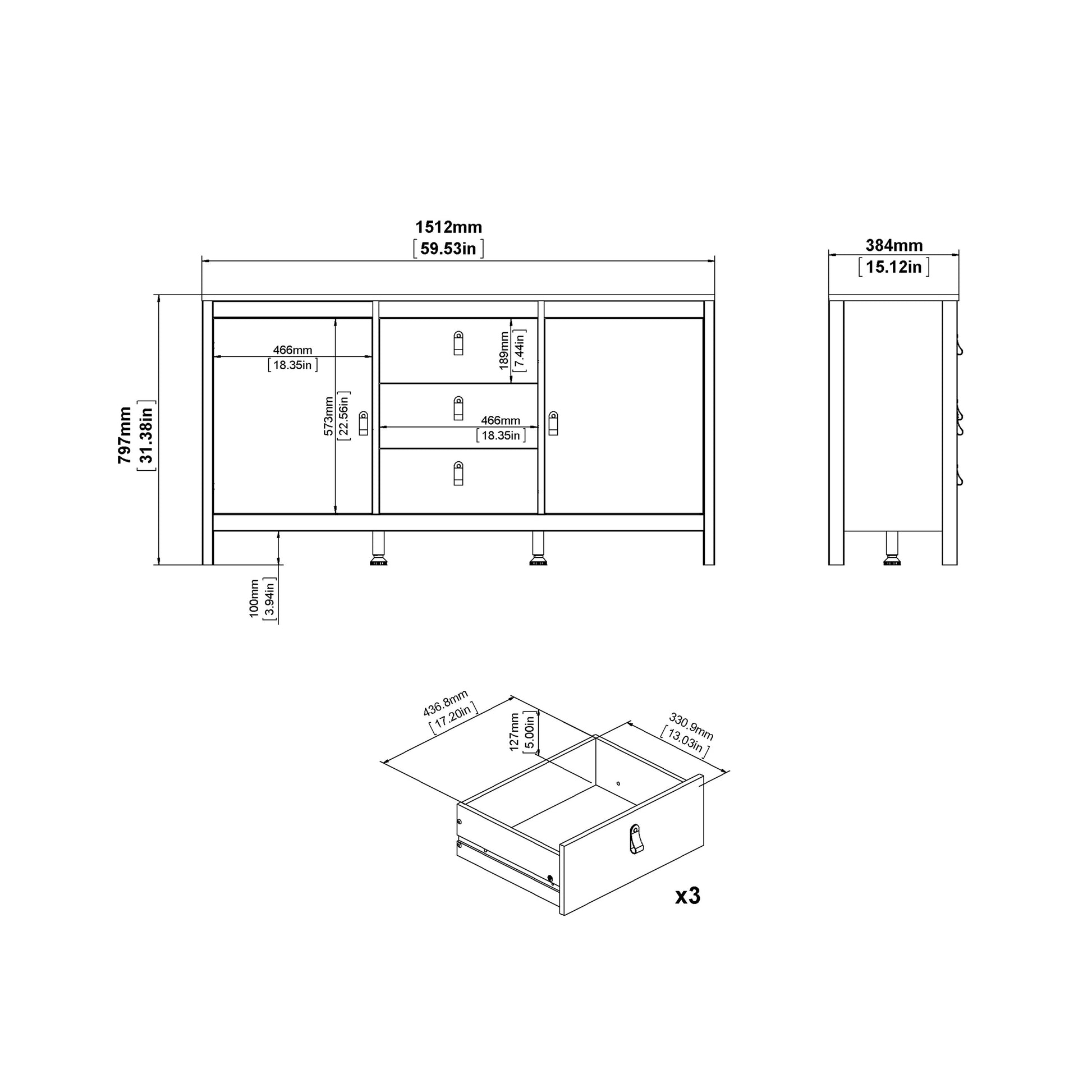 Cote | Furniture Barcelona Double Dresser, Chest of Drawers, 2 Door + 3 Drawer - White Barcelona, Sideboards 725796704949