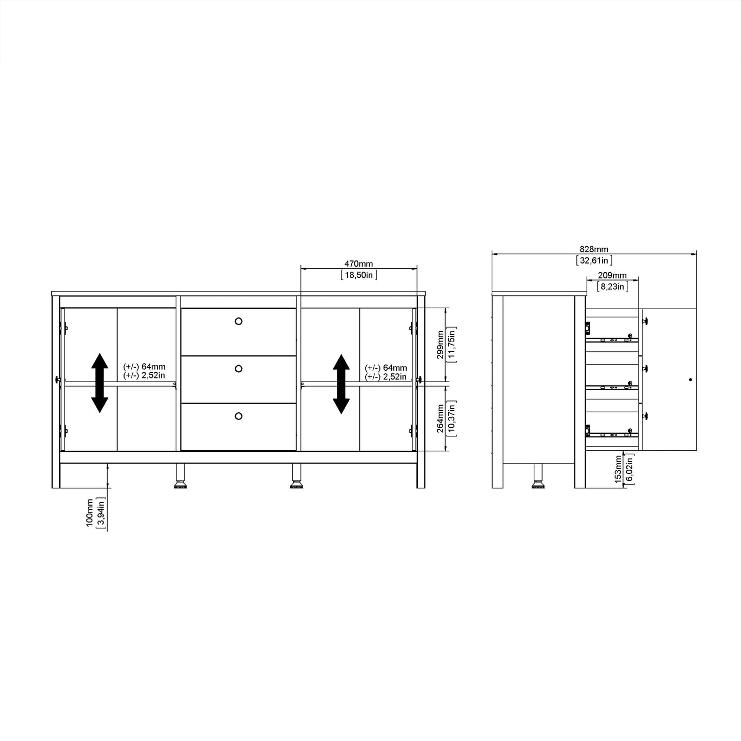 Cote | Furniture Barcelona Sideboard, 2 Door + 3 Drawer - Black Barcelona, Sideboards 72579670gmgm