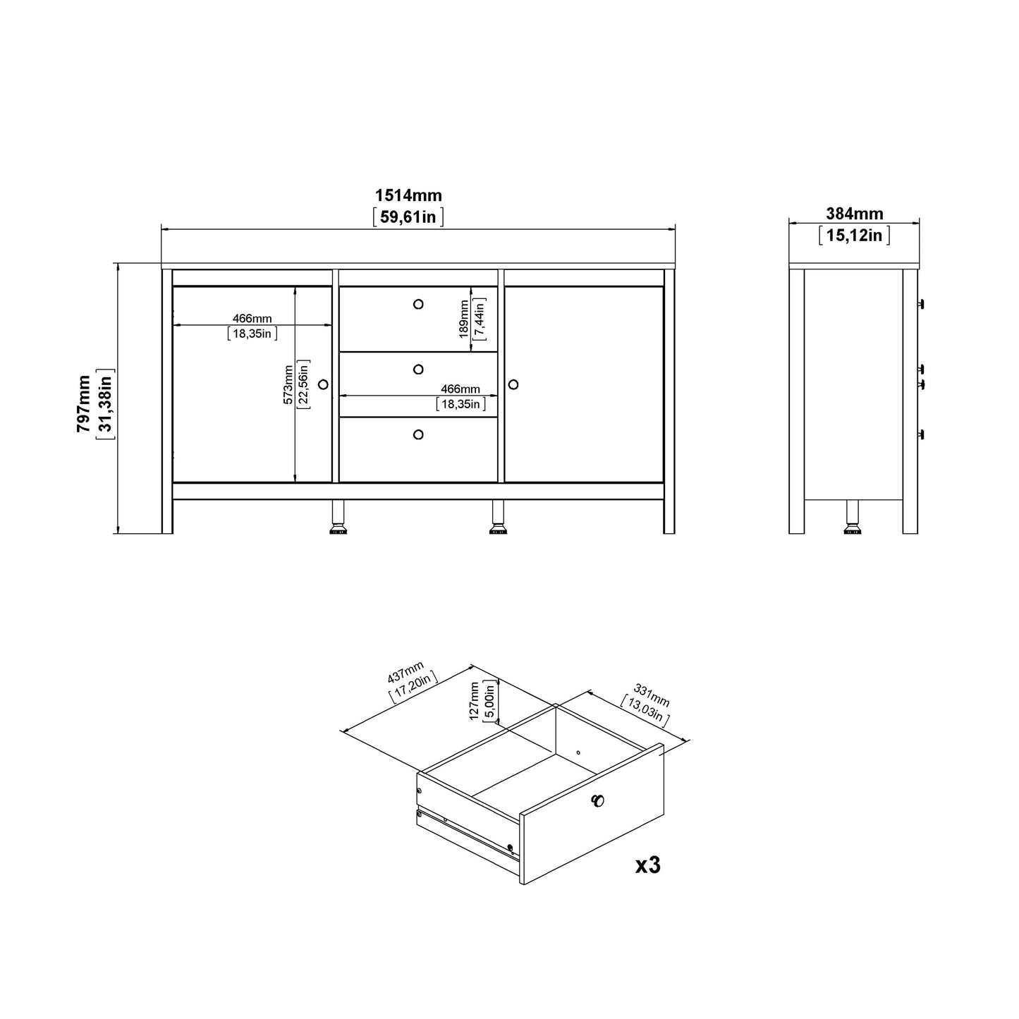 Cote | Furniture Barcelona Sideboard, 2 Door + 3 Drawer - Black Barcelona, Sideboards 72579670gmgm