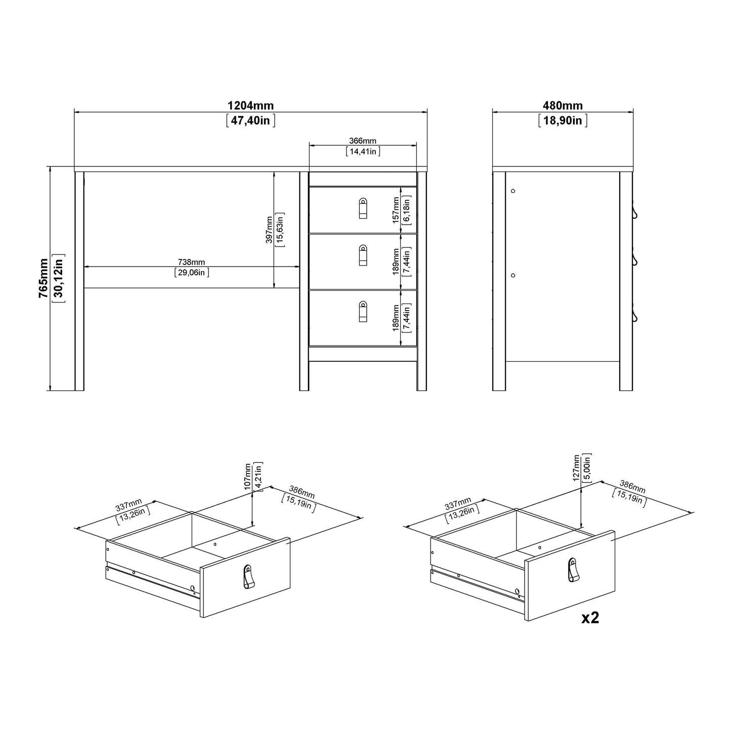 Cote | Furniture Barcelona Desk, 3 Drawer - White Barcelona, Dressing Tables & Desks 725796814949