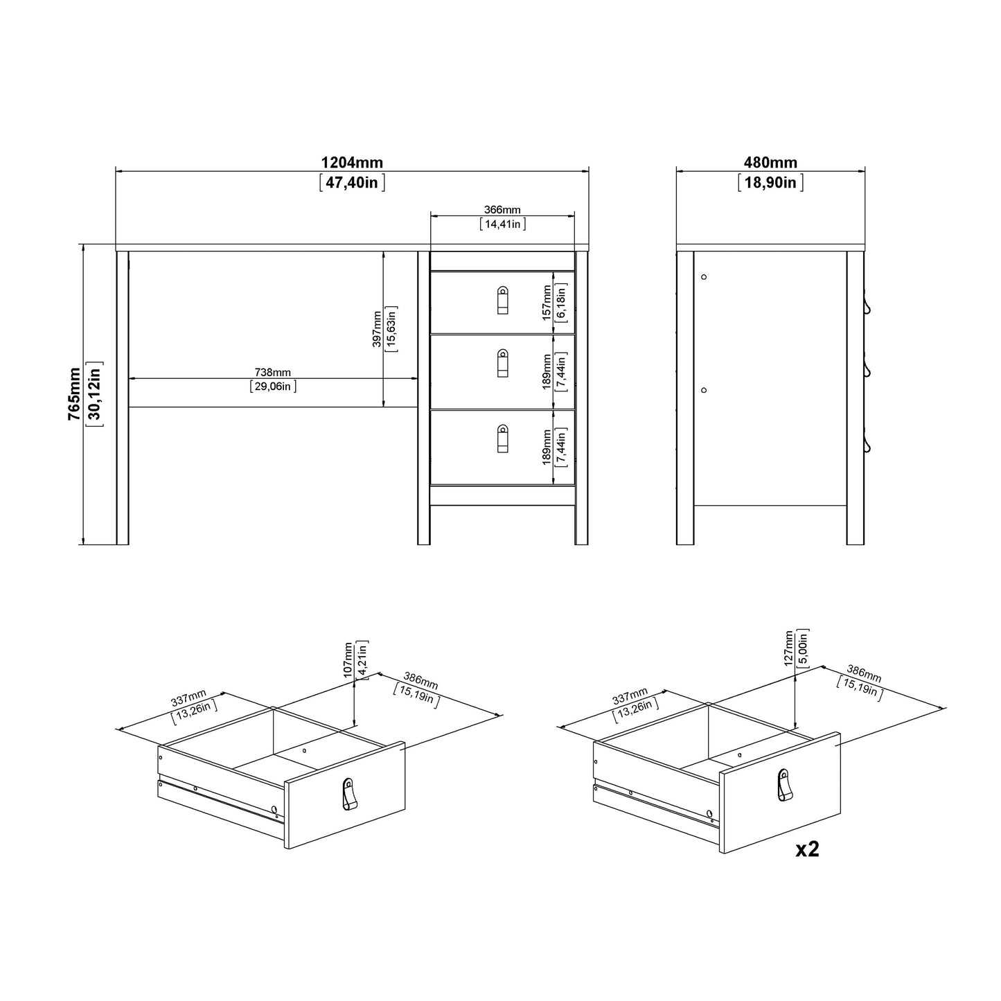 Cote | Furniture Barcelona Desk, 3 Drawer - Black Barcelona, Dressing Tables & Desks 72579681gmgm