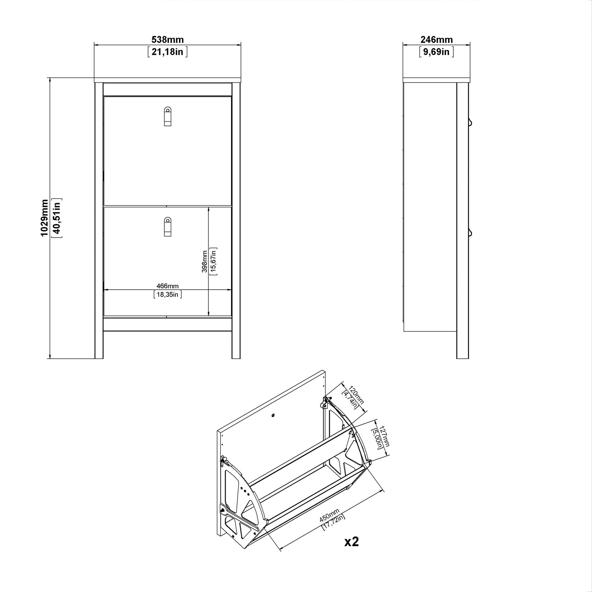 Cote | Furniture Barcelona Shoe Cabinet, 2 Flap Doors - Black Barcelona, Shoe Storage 72579683gmgm