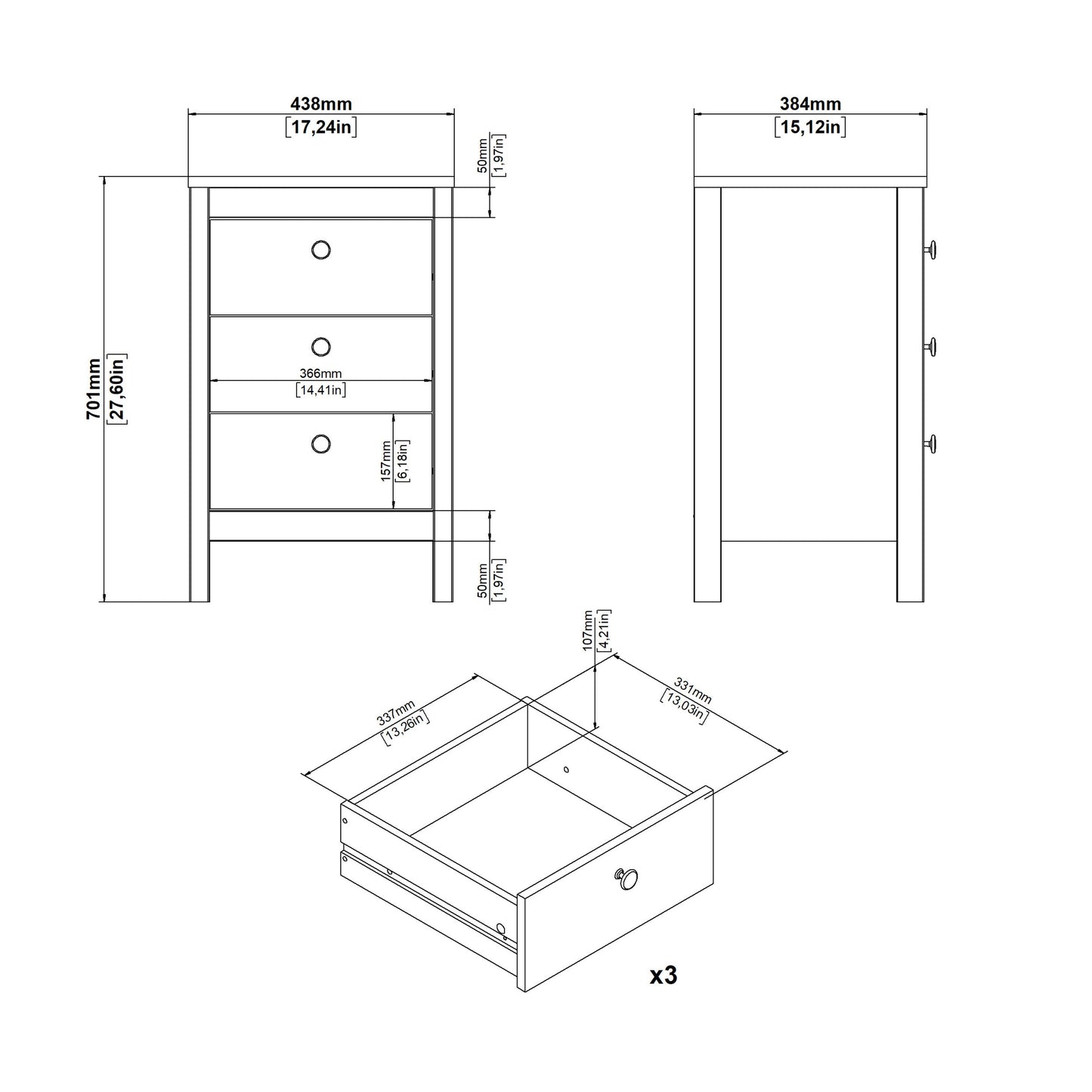 Cote | Furniture Barcelona Bedside Table, 3 Drawer - Oak Barcelona, Bedside Tables 72579685hlhl