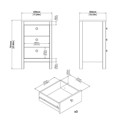 Cote | Furniture Barcelona Bedside Table, 3 Drawer - Oak Barcelona, Bedside Tables 72579685hlhl