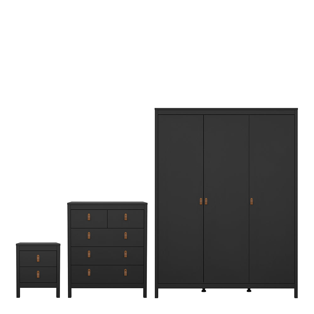 Cote | Furniture Barcelona 3 Piece Bedroom Set - Bedside Table, Chest and 3 Door Wardrobe - Black Barcelona, BUNDLE 725gmgmp2