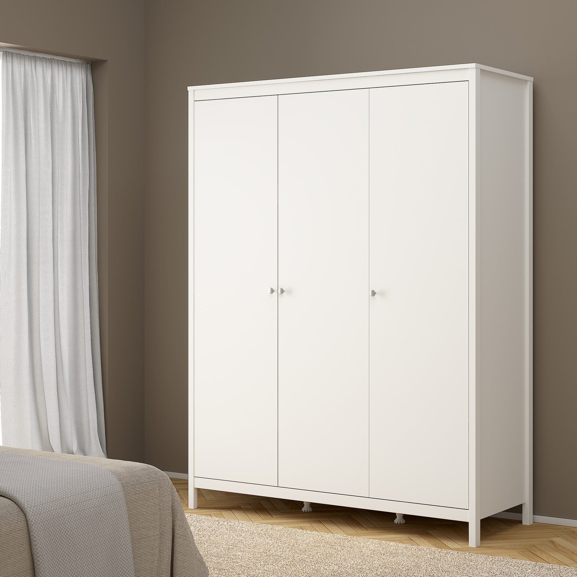 Cote | Furniture Madrid 3 Piece Bedroom Set - Bedside Table, Chest and 3 Door Wardrobe  - White Madrid, BUNDLE 7264949p2