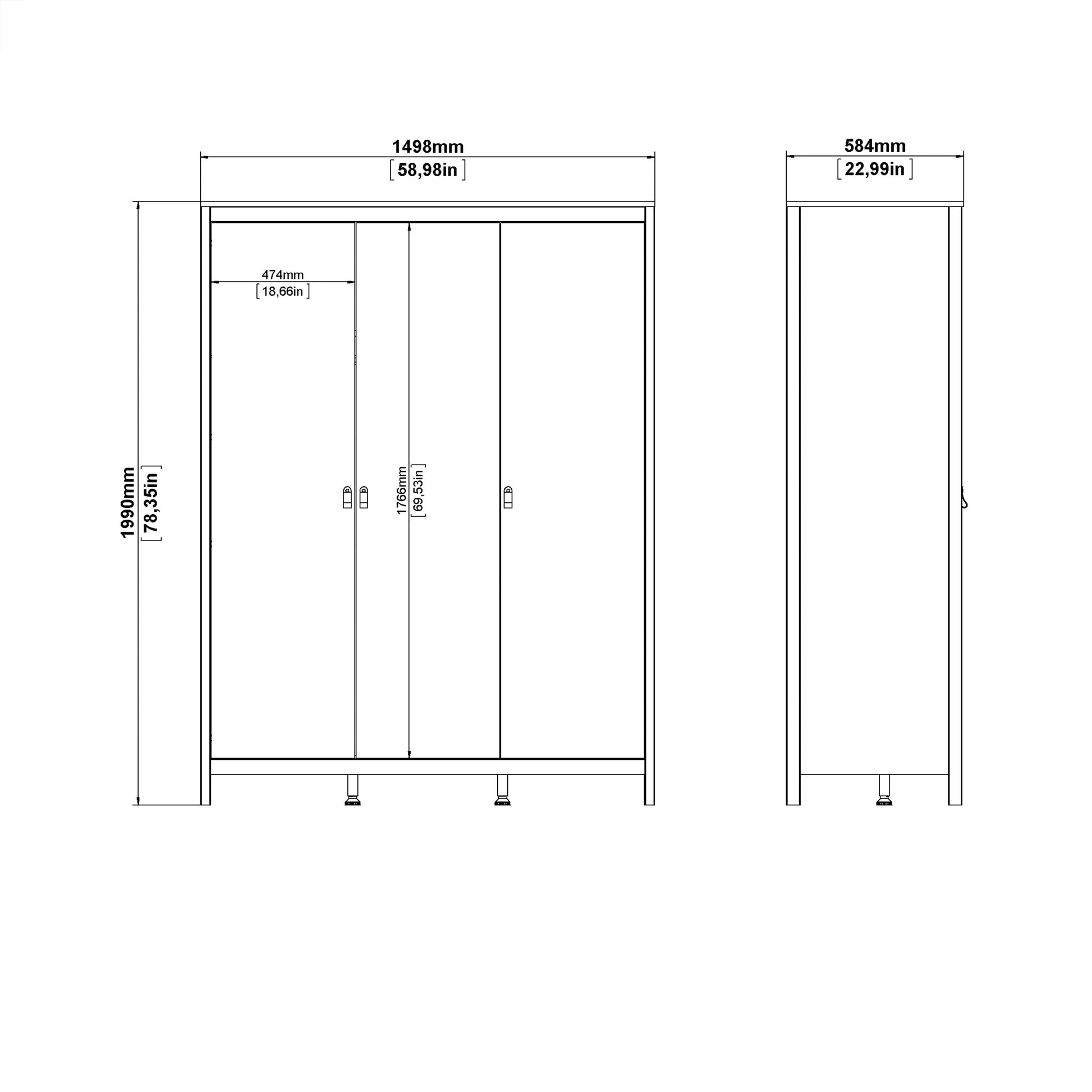 Cote | Furniture Madrid 3 Piece Bedroom Set - Bedside Table, Chest and 3 Door Wardrobe  - White Madrid, BUNDLE 7264949p2