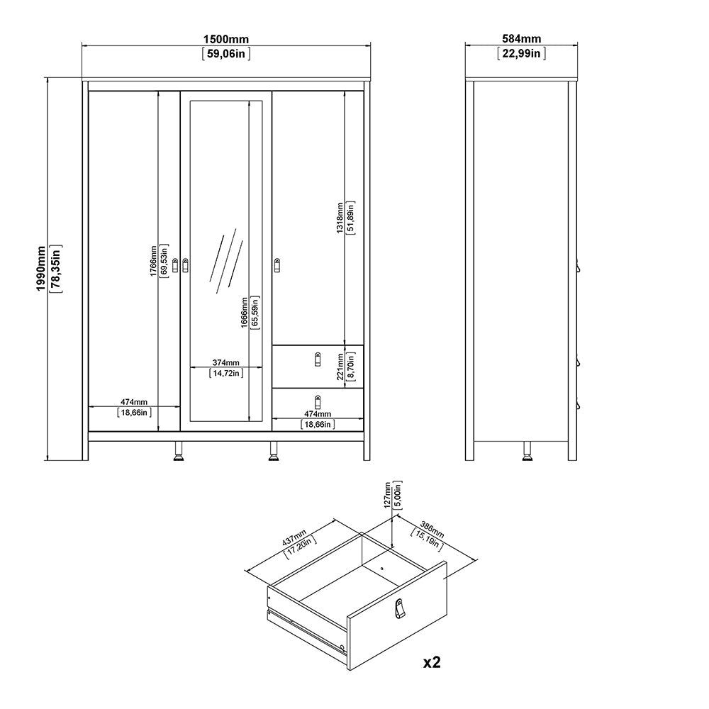 Cote | Furniture Madrid Wardrobe, 2 Door, 1 Mirror Door + 2 Drawer - White Madrid, Wardrobes 726796594949