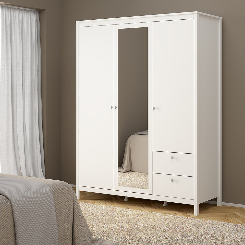 Cote | Furniture Madrid Wardrobe, 2 Door, 1 Mirror Door + 2 Drawer - White Madrid, Wardrobes 726796594949