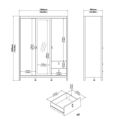 Cote | Furniture Madrid Wardrobe, 2 Door, 1 Mirror Door + 2 Drawer - Black Madrid, Wardrobes 72679659gmgm