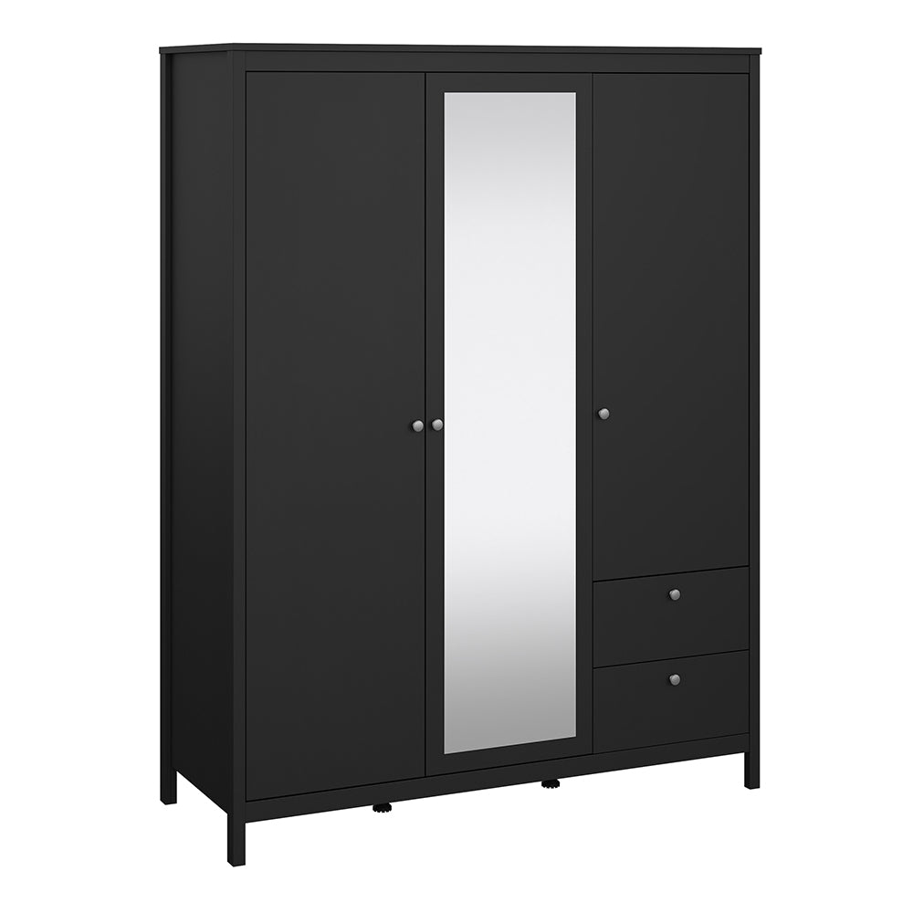 Cote | Furniture Madrid Wardrobe, 2 Door, 1 Mirror Door + 2 Drawer - Black Madrid, Wardrobes 72679659gmgm