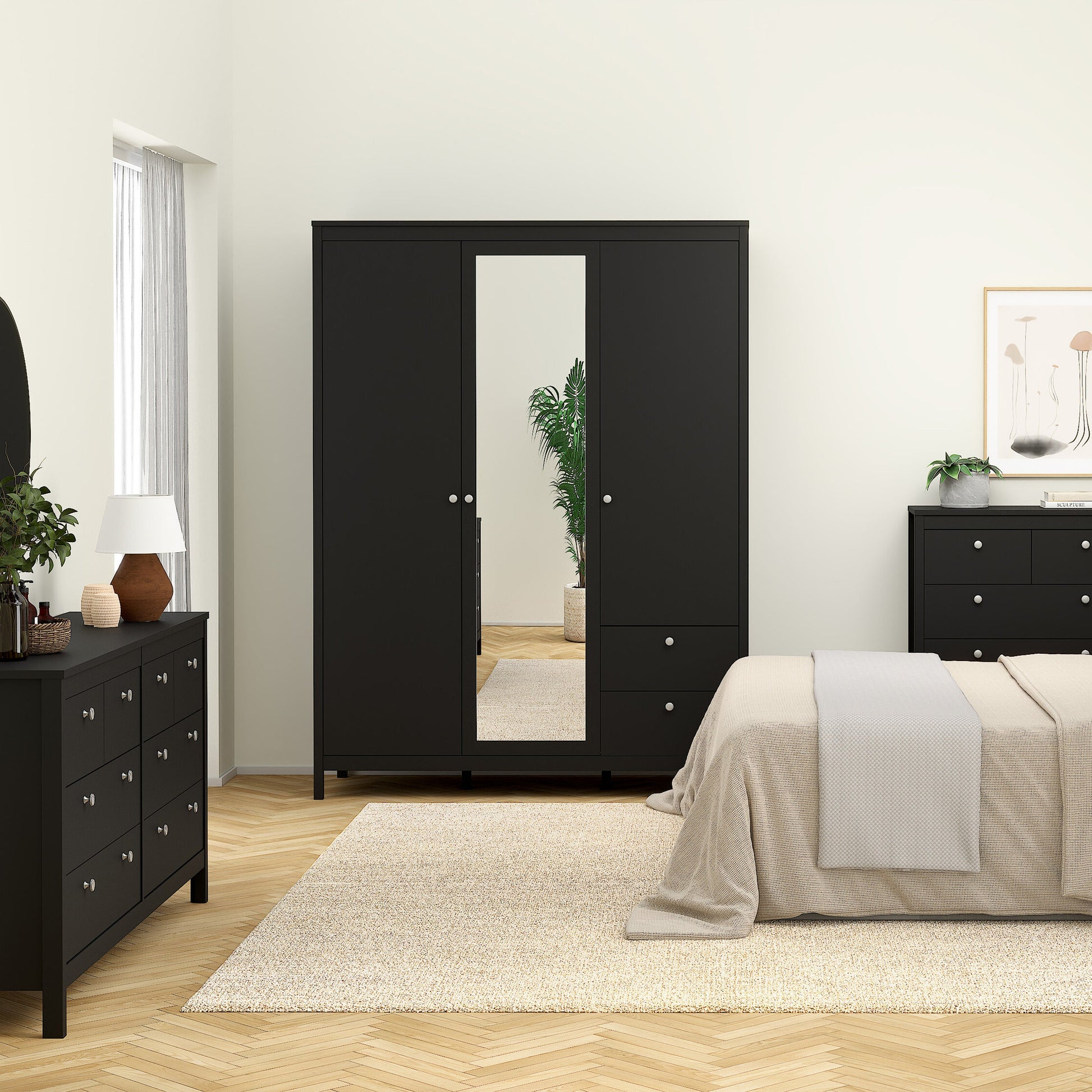 Cote | Furniture Madrid Wardrobe, 2 Door, 1 Mirror Door + 2 Drawer - Black Madrid, Wardrobes 72679659gmgm