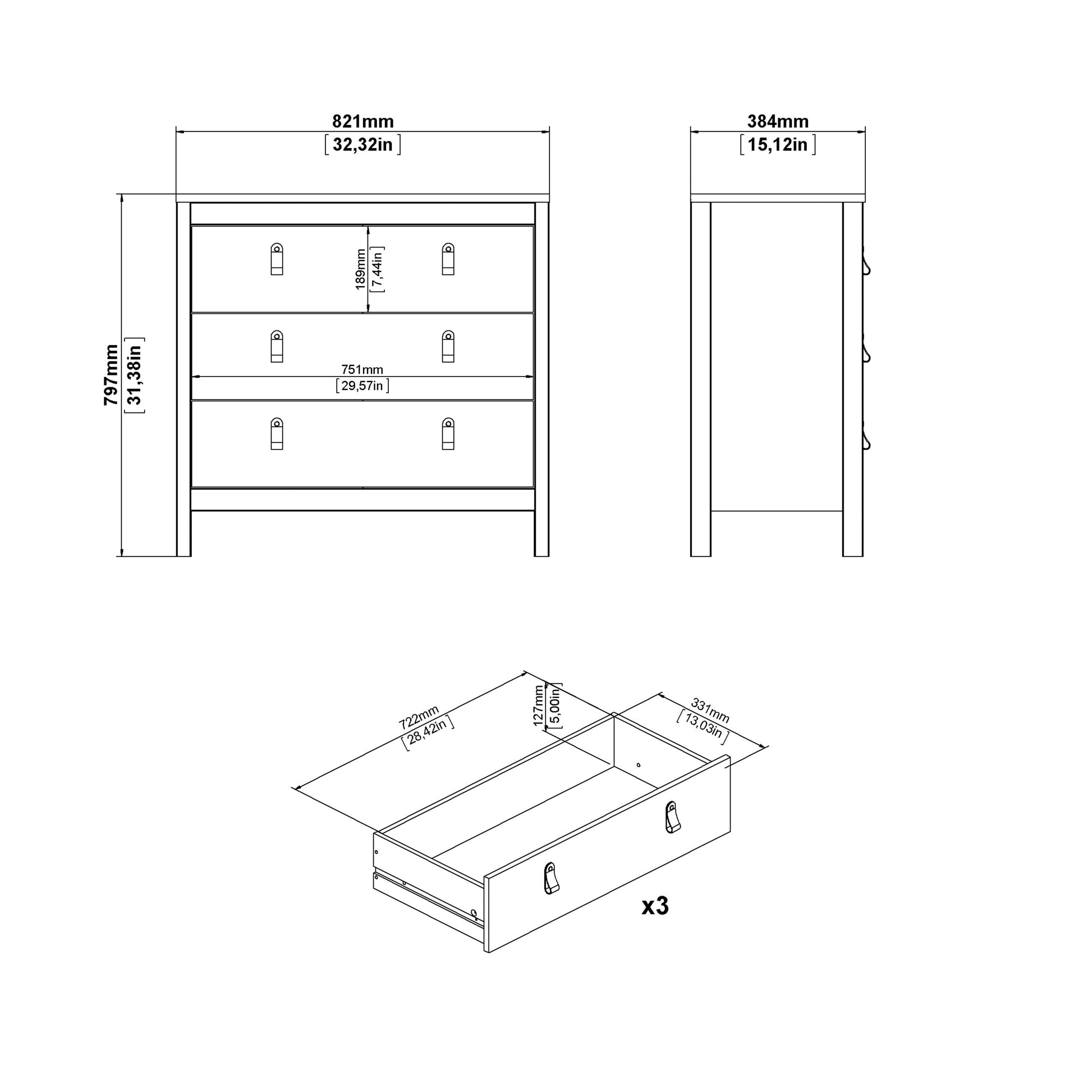 Cote | Furniture Madrid Chest of Drawers, 3 Drawers - Black Madrid, Chest of Drawers 72679662gmgm