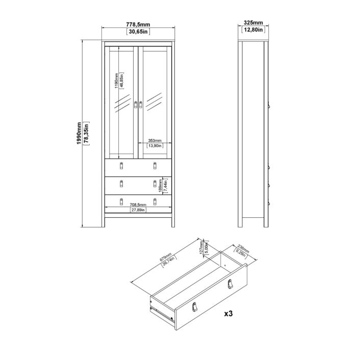 Cote | Furniture Madrid Display Cabinet, 2 Door Glazed + 3 Drawer - White Madrid, Display Cabinets 726796664949