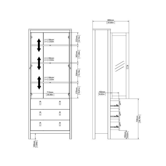 Cote | Furniture Madrid Display Cabinet, 2 Door Glazed + 3 Drawer - White Madrid, Display Cabinets 726796664949