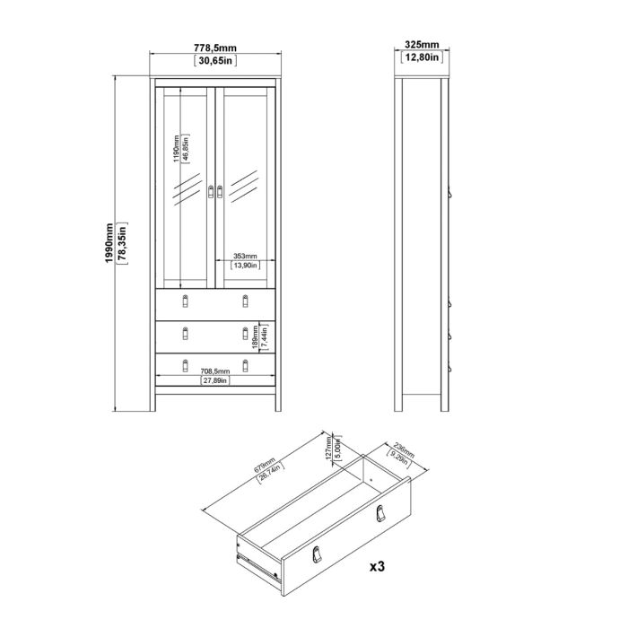 Cote | Furniture Madrid Display Cabinet, 2 Door Glazed + 3 Drawer - Black Madrid, Display Cabinets 72679666gmgm