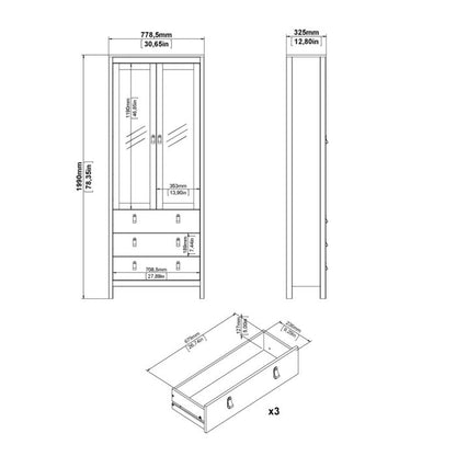 Cote | Furniture Madrid Display Cabinet, 2 Door Glazed + 3 Drawer - Black Madrid, Display Cabinets 72679666gmgm