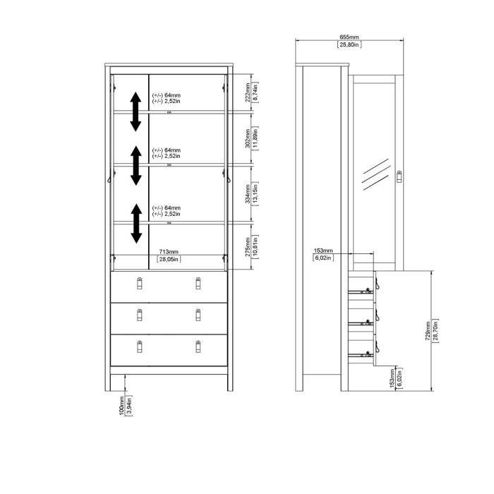 Cote | Furniture Madrid Display Cabinet, 2 Door Glazed + 3 Drawer - Black Madrid, Display Cabinets 72679666gmgm