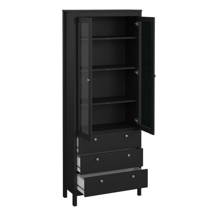 Cote | Furniture Madrid Display Cabinet, 2 Door Glazed + 3 Drawer - Black Madrid, Display Cabinets 72679666gmgm