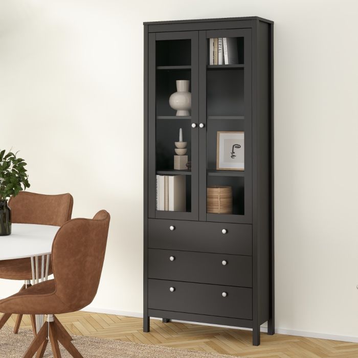 Cote | Furniture Madrid Display Cabinet, 2 Door Glazed + 3 Drawer - Black Madrid, Display Cabinets 72679666gmgm