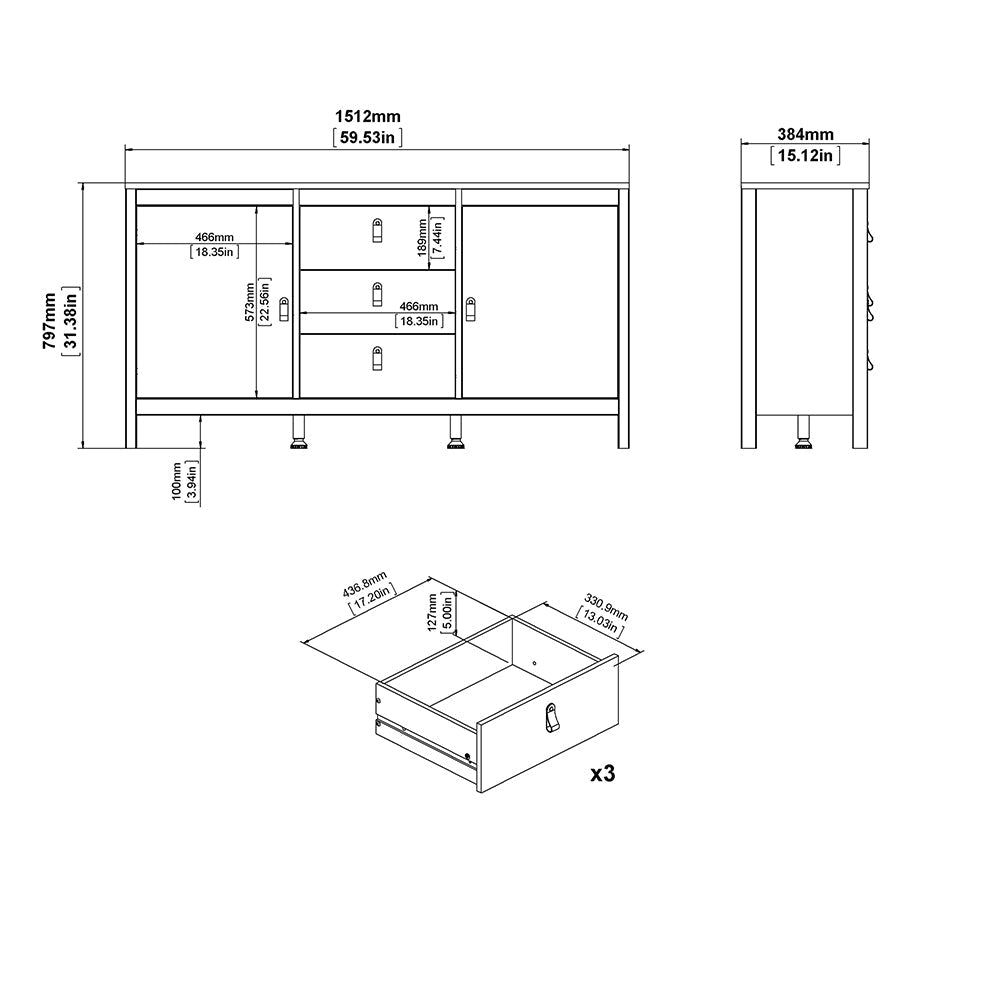 Cote | Furniture Madrid Sideboard, 2 Door + 3 Drawer - White Madrid, Sideboards 726796704949