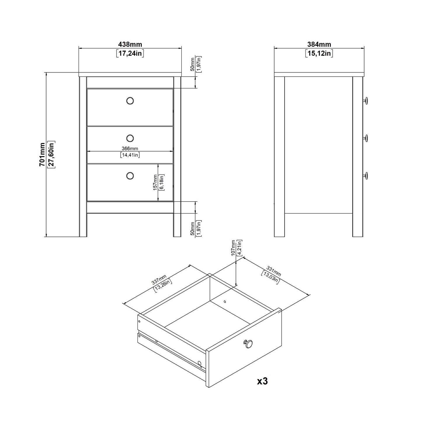 Cote | Furniture Madrid Bedside Table, 3 Drawer - White Madrid, Bedside Tables 726796854949