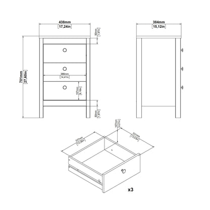 Cote | Furniture Madrid Bedside Table, 3 Drawer - White Madrid, Bedside Tables 726796854949