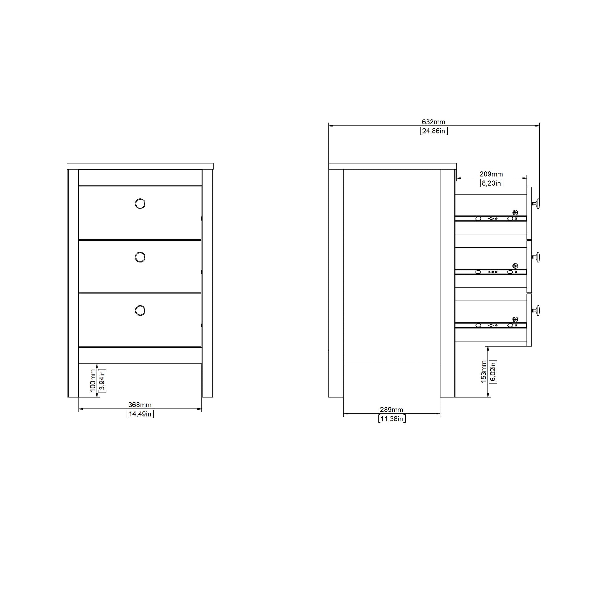 Cote | Furniture Madrid Bedside Table, 3 Drawer - White Madrid, Bedside Tables 726796854949