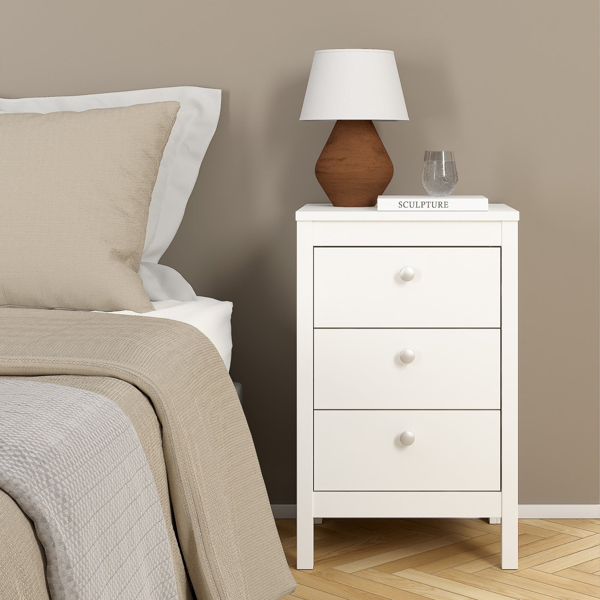 Cote | Furniture Madrid Bedside Table, 3 Drawer - White Madrid, Bedside Tables 726796854949