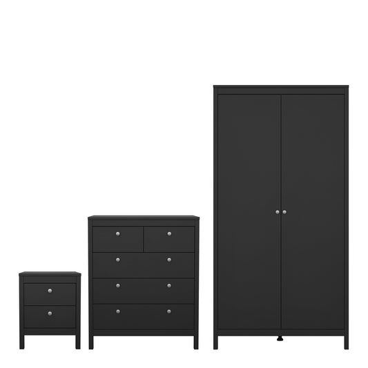 Cote | Furniture Madrid 3 Piece Bedroom Set - Bedside Table, Chest and 2 Door Wardrobe - Black Madrid, BUNDLE 726gmgmp1